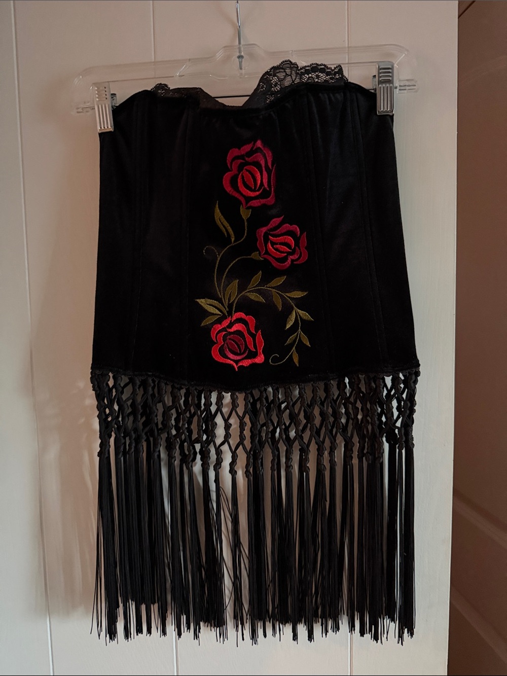 Victoria's Secret Black Mini Skirt with Red Rose Embroidery and Fringe